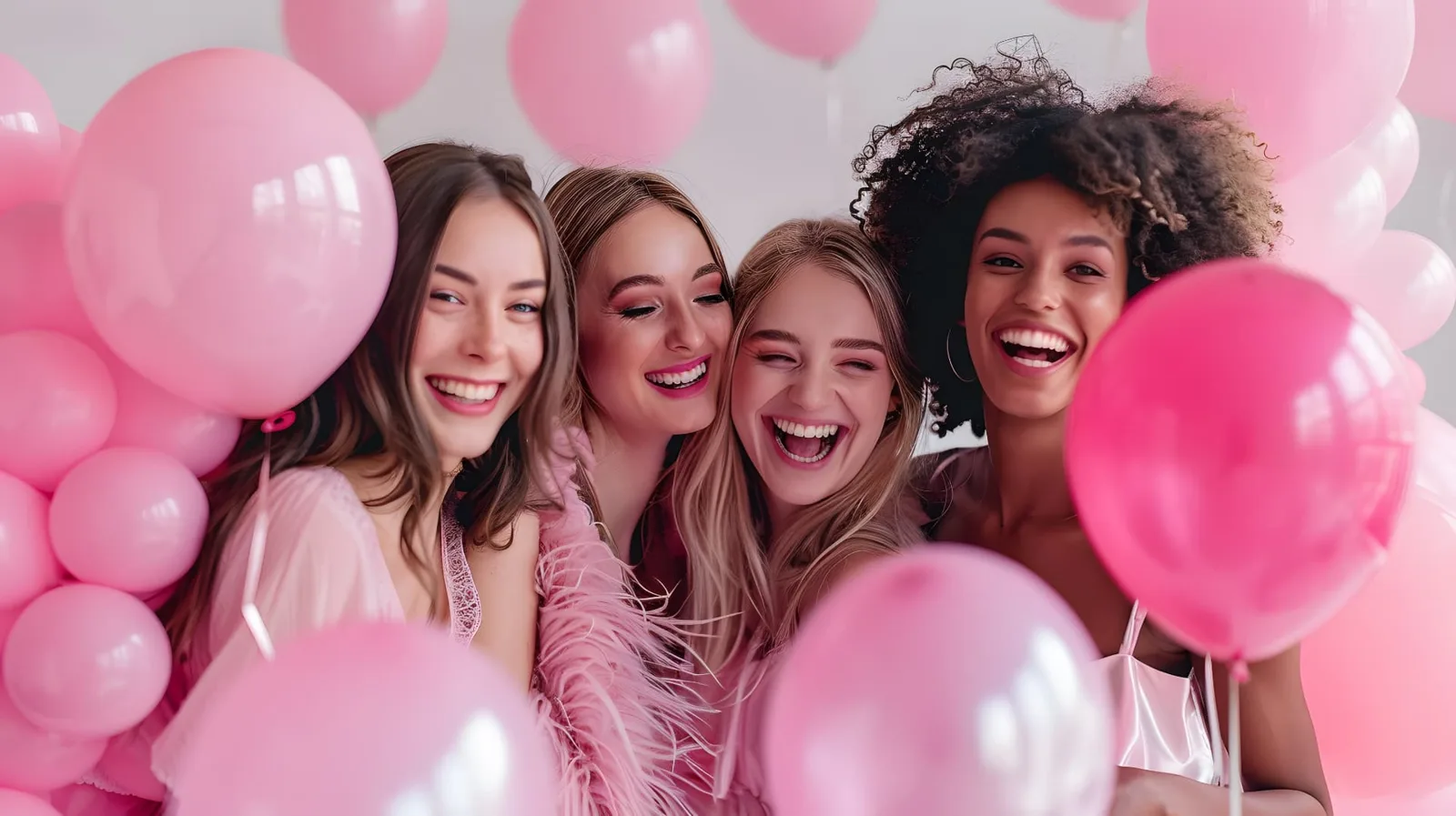 Five friends laughing together surrounded by pink balloons