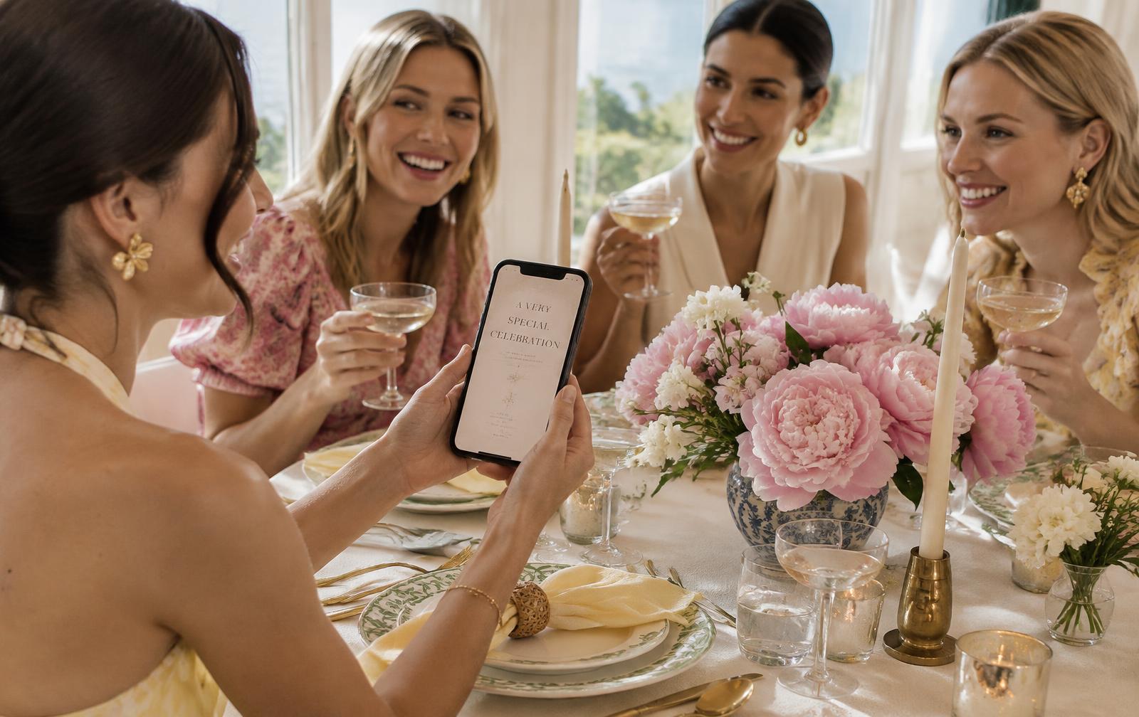 Friends at a brunch table viewing a digital invitation on a phone